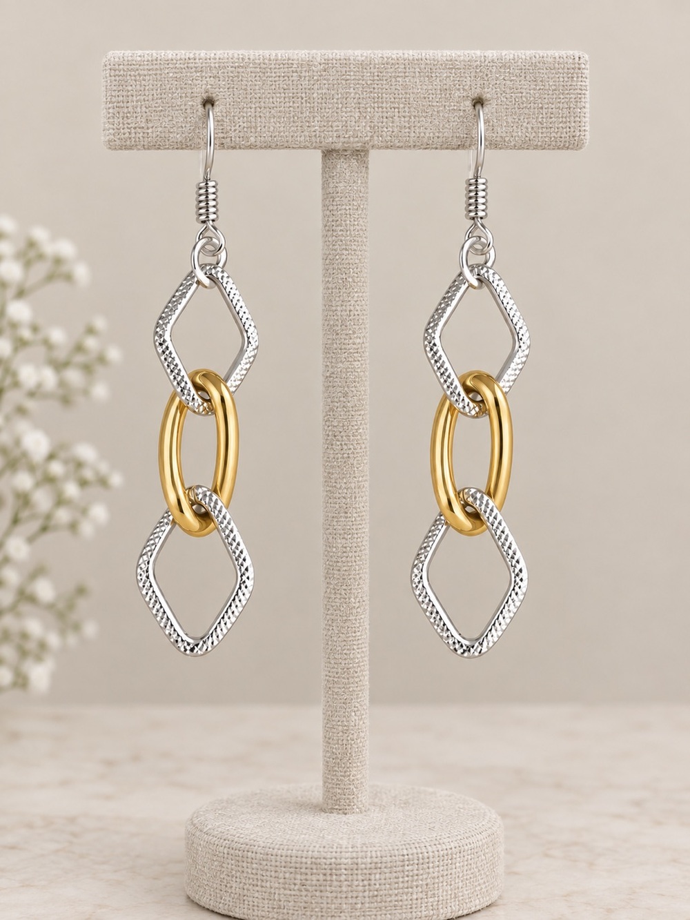 Two-Tone Gold and Silver Linked Drop Earrings